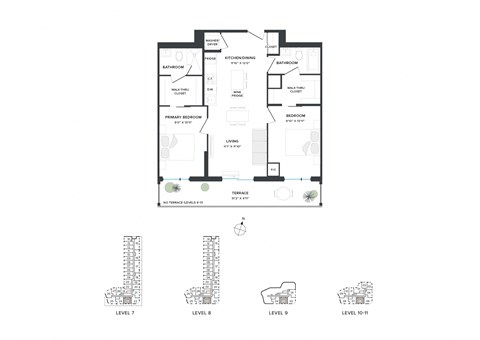 Floor plan for 2 beds, 2 baths, 845 sqft